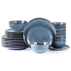 AmorArc Ceramic Dinnerware Sets for 8, 24 Pieces Handpainted Plates and Bowls Set, Scratch Resistant Stoneware Dishes Set, Dishwasher & Microwave Safe, Ceylon Blue