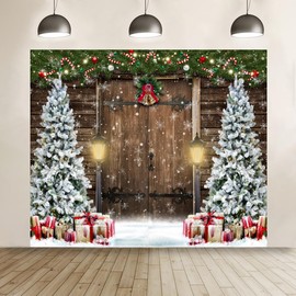 Christmas Backdrop 10x8ft for Photography Rustic Barn Door Xmas Tree Snow Background Winter Christmas Holiday Party Decorations Banner Photo Booth Props Pictures Decor