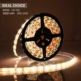 12V LED Strip Light Warm White,16.4ft Waterproof Flexible Rope Light, 300LEDs SMD5050 Tape Ribbon Light for Home,Party,Under Cabinet, Bedroom,12V Power Supply Not Included