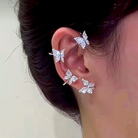 Wiwpar 2PCS Butterfly Ear Cuffs Climber Earrings for Women Rhinestone Non Pierced Right Left Ear Clips Wrap Around Fairy Elegant Shiny Earrings (silver)