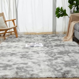 Humube 5x7 Shag Area Rugs for Bedroom, 5.3x7.5 Feet Indoor Soft Shaggy Rugs for Living Room, Anti-Slip Fluffy Fuzzy Furry Plush Rugs for Kids Girls Room Decor, Tie-Dyed Light Grey