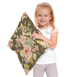 Moslion Throw Pillow Cover Vintage Flowers Retro Design Rose Peony Birds Lovely Animals Feathers Leaves Square Pillow Case Cushion Cover for Home Car Decorative Cotton Linen 16x16 Inch