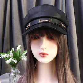 Vctitil Korean Style Octagonal Hat Literary Simple Navy Hat British Style PU Leather Women Yacht Captain Sailor Hat(A)