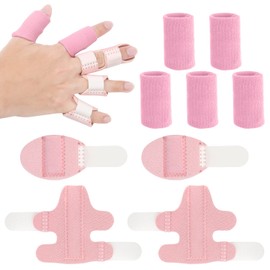 Pack of 2 Finger Splints, 2 Short Finger Smoothers and 5 Finger Sleeves, Adjustable Finger Stabiliser Brace Finger Support for Sprained Swollen Overstrained Fingers Middle Fingers (Pink)