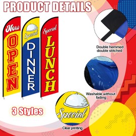 3 Pcs Swooper Restaurant Advertising Flags Now Open, Lunch and Dinner Specials Durable 2.5 x 12 ft Feather Banners for Business Visibility