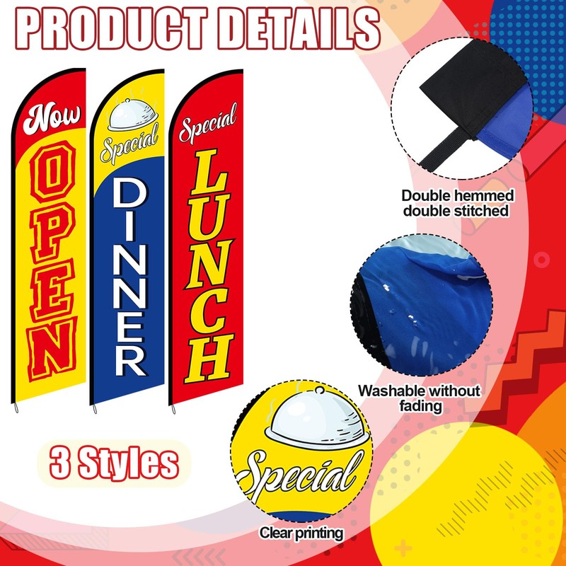 3 Pcs Swooper Restaurant Advertising Flags Now Open, Lunch and