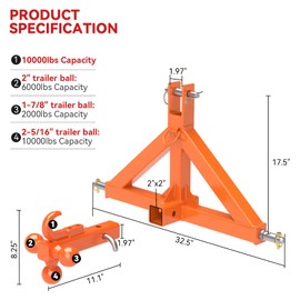 3 Point 2" Trailer Hitch Receiver and Towing Ball Hitch with Hook Heavy Duty Tractor Drawbar 3 Pt Quick Hitch Attachment for Kubota, John Deere Category 1 Subcompact Tractor Farm Equipment(Orange)