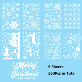Christmas Window Stickers 260PCS Christmas Window Clings, Snowflakes Window Clings Reindeer Merry Christmas Decal Reusable PVC Xmas Window Stickers for Glass Xmas Winter Decorations（9 Sheets）