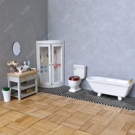 iLAND Dollhouse Furniture and Accessories 1/12 Scale of Dollhouse Bathroom Set incl Ceramic Dollhouse Toilet & Bathtub & Wooden Bathroom Cabinet with Sink (Modern 7pcs)