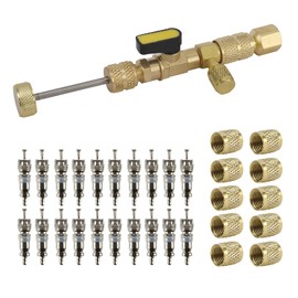 AuInLand R22 R410A A/C Valve Core Removal Tool, Dual Size SAE 1/4 & 5/16 Port, with R410 R32 Brass Adapter, 20pcs Valve Cores and 10pcs Brass Nuts, Air Condition Repair Tool for R22 R410A R404A HVAC