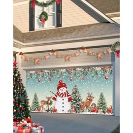 Hokiten Teal Christmas Garage Door Cover 7x8Ft, Red Snowman Garage Door Banner Cover, Xmas Tree Poinsettia Eucalyptus Balls Garage Door Decoration Backdrop for Christmas Holiday Garage Door Covers