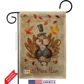 Eat More Burlap Garden Flag Falltime Thanksgiving Turkey Give Thanks Gobble Pumpkin Season Autumntime Cornucopia Small Decorative Gift Yard House Banner Double-Sided Made In USA 13 X 18.5