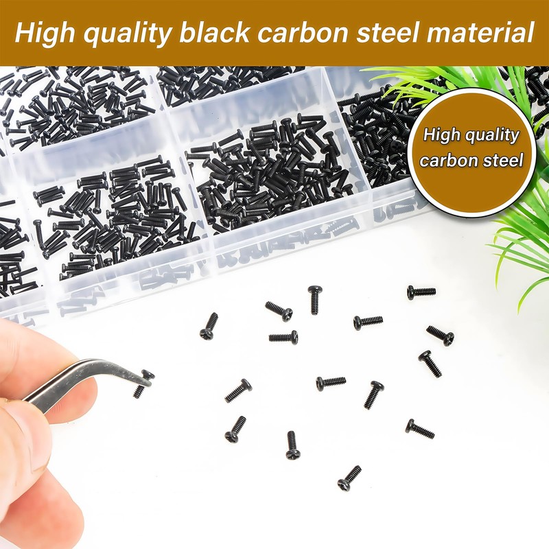 Zmbroll 1500Pcs Tiny Micro Repair Screw Metric M1/M1.2/M1.4/M1.6/M1.7 Black Carbon