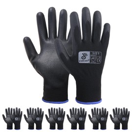 HLDD HANDLANDY Work Gloves for Men and Women with Grip,6 Pairs Bulk Pack Mechanic Gloves,PU Coating on Palm & Fingers,Breathable Mens Gardening,Lightweight,Black Medium