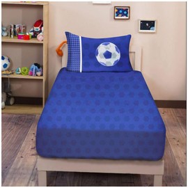 VELVETIO Football Fitted Sheet Single with Matching Pillowcase, Soft Breathable Polycotton Kids Bedsheet, Boys & Girls Soccer Printed Bedding Bedset, Blue