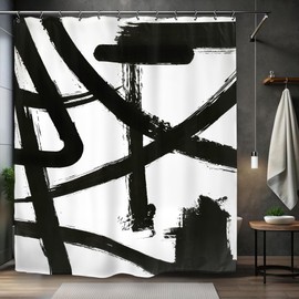Kalmico Black White Abstract Shower Curtain 60Wx72L Inch Modern Line Simple Minimalist Contemporary Neutral Aesthetic Bathroom Set Accessories Decor with 12 Pack Hooks