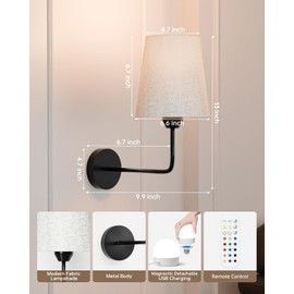Wireless Wall Sconces Set of 2 Battery Operated, Black Wall Light Rechargeable with 5200mAh RGB Dimmable Flash Mode Led Bulb and Remote Timer, Cordless Wall Lamp Decor for Bedroom Living Room Hallway