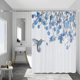 GardEssere Blue Floral Hummingbird Shower Curtain with 12 Hooks Elegant Flowers Bird Shower Curtains for Bathroom Spring Summer Decor Waterproof Bath Curtain Set 183X183 CM
