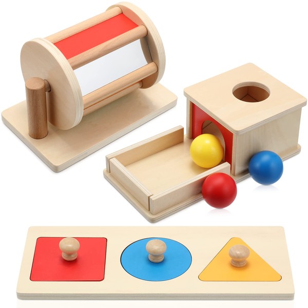 Sratte 3 Pcs Wooden Baby Toys Set, Object Permanence Box,