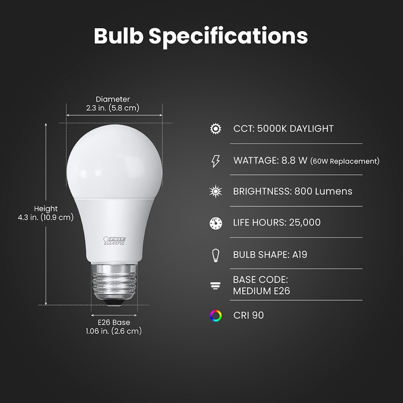 Feit Electric A19 LED Light Bulbs, 60W Equivalent, Dimmable, E26