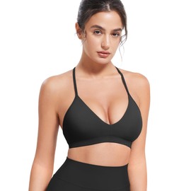 HIGORUN Workout Sports Bras for Women Backless Padded V Neck Strappy Bra Low Impact Y Back Gym Yoga Tops Black