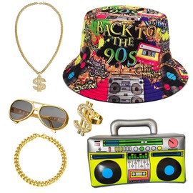 CHUANGLI 6 Pcs 80s 90s Hip Hop Costume Outfit Kit Inflatable Radio Boombox Necklace Ring Sunglasses Hat Rapper Accessories