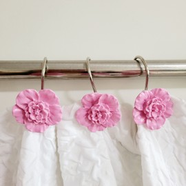 Wehome Pink Flower Style Shower Curtain Rings Set of 12 Pink Flower Shower Curtain Hooks Pack of 12