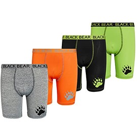 Black Bear Boys’ Underwear – 4 Pack Long Leg Performance Compression Boxer Briefs (4-18), Size Small (4/6), Black, Green, Grey, Orange