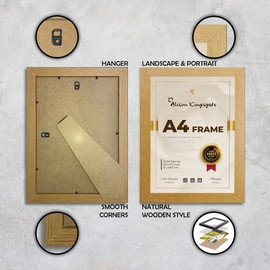 Alison Kingsgate A4 Oak Frame in Size 29.7 x 21cm Use for Picture Frames - Photo Frame - Wooden Frame - Certificates - A4 Frame with Clear Perspex Sheet & Wall Mounted Hook (Oak)