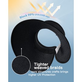 FURTALK Sun Visor Hats for Women Wide Brim Straw Roll Up Ponytail Summer Beach Hat UV UPF 50 Packable Foldable Travel Black