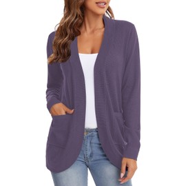 Urban CoCo Womens' Long Sleeve Knit Sweater Cardigans Curved Hem Open Front with Pockets (Purple, 2XL)