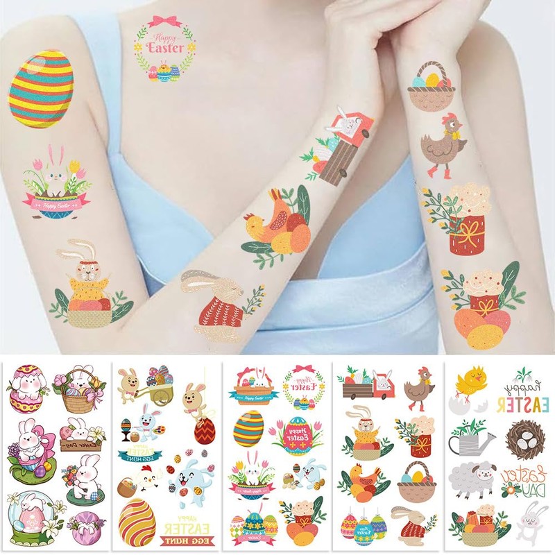 10 Sheets Happy Easter Temporary Tattoos Bunny, Egg, and Fun
