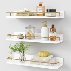 Forbena Gold Floating Shelves for Wall Decor Set of 3, Bathroom Shelves Over Toilet, Modern Display Wall Shelf with Guard Rail for Living Room Bedroom Organizers and Storage - White and Gold