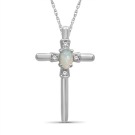 JEWELEXCESS Silver Cross Necklaces for Women –Silver Cross Necklace for Women Over .925 Sterling Silver Cross – 4k Opal Necklace Centerpiece, White Diamond Accents – Hypoallergenic Cross Pendant