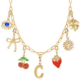 Initial Charm Necklace for Women, Evil Eye Four-Leaf Clover Sun Bow Cherry Strawberry Removable Charms Necklace Paper Clip Chain Choker, Trendy Jewelry Birthday Christmas Gifts for Her (Letter C )