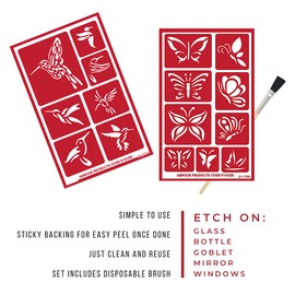 2 Armour Etch Over N Over Reusable Glass Etching Stencils Set | Hummingbird, Butterfly Themed Stencil | Set Includes Brush, Total 3 Items