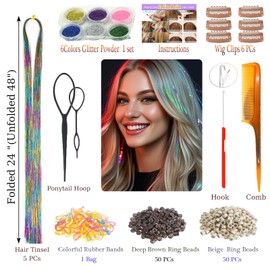 CelineBella Mixed Colors Rainbow Hair Tinsel Kit with Tools,Heat Resistant,48 Inch,5 Pcs 1250 Strands, Glitter Sparkling Shiny Tensile Hair Accessories for Women Party Festival Cosplay Daily Use