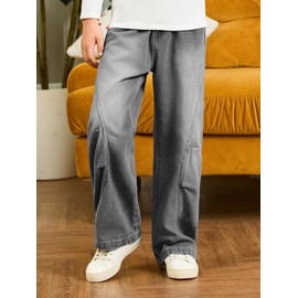 Haloumoning Boys Cargo Jeans Kids High Waisted Baggy Pants Casual Demin Pants with Multi Pockets 5-14 Years