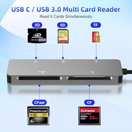 Lector de Tarjetas CFast USB C USB 3.0, 5 Gbps Lector de Tarjetas CFast2.0 CFast/SD UHS-I MMC/Micro SD/XD/Compact Flash Lee 5 Tarjetas
