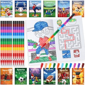 BenLouis 24 Pcs Sports Mini Coloring Books with 24 Crayons Football Basketball Soccer Baseball Party Favors Activity Books Bulk for Kids Boys Sports Themed Party Classroom Rewards Gifts Exchange