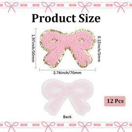 CABODYALS 12Pcs Pink Bow Knot Patches Iron On Applique Polyester Embroidered Lace Trim Gold Sparkling Edgings Sticker Cute Bows Patch for Sewing Making Clothing Decor Wedding Diy Craft Supply
