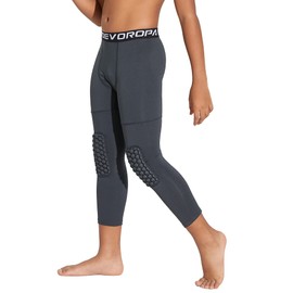 DEVOROPA Youth Boys' Compression Pants with Knee Pads 3/4 Basketball Athletic Tights Quick Dry Sports Workout Leggings Gray S
