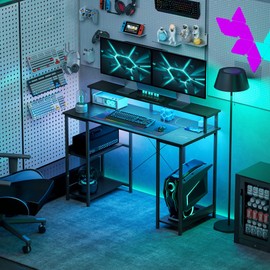 HOMCOM 47" Gaming Desk with Power Outlets and LED Lights, Reversible Computer Desk with Monitor Stand and 2-Tier Storage Shelves, Cable Management, for Home Office, Distressed Black