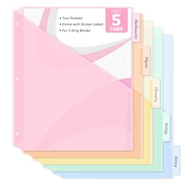 SKYDUE Binder Dividers with Two Pockets, 5 Tabs Dividers for 3 Ring Binder, Plastic Binder Dividers with Tabs for School, Office, and Home Organization,Pink