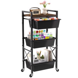3 Tier Rolling Utility Cart with Drawer, Plastic Drawer Storage Snack Craft Book Cart with Lockable Wheels & Wood Tabletop, Metal Shelf Storage Organizer Cart for Kitchen, Bedroom, Office, Black