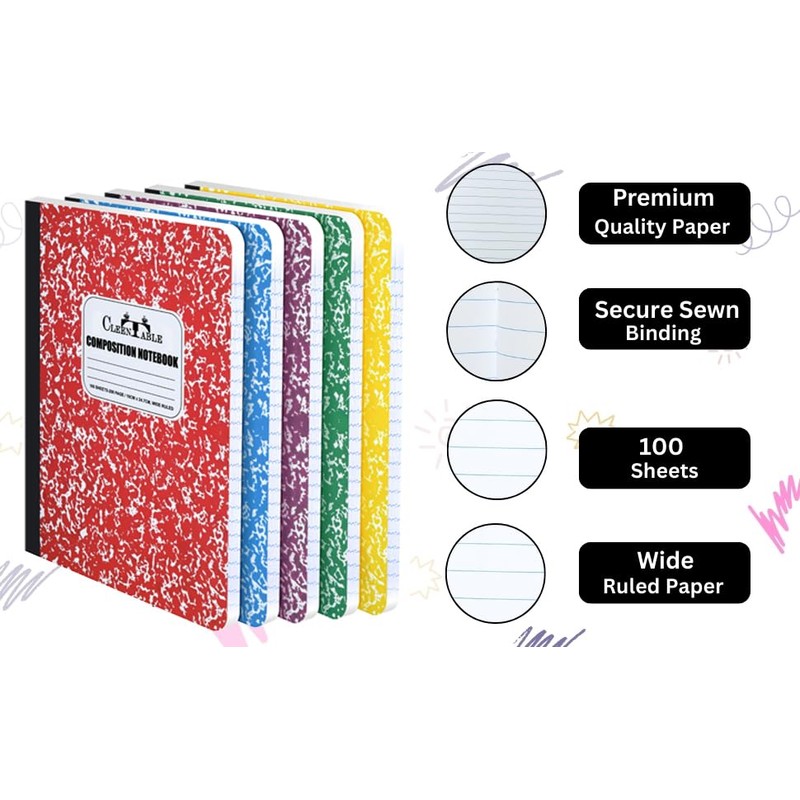 CLEENTABLE Compsition Notebook 5 Pack, Mixed College Ruled Paper, Notebooks