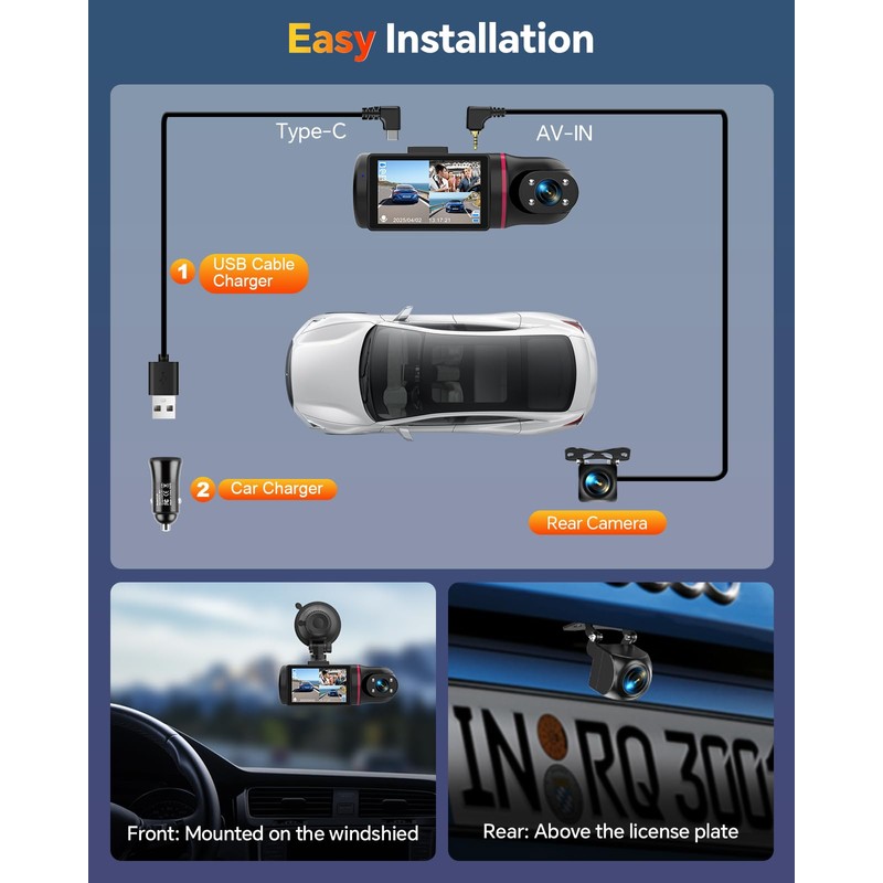 Kussla 3 Channel Dash Cam Front and Rear Inside, 1080P