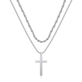 GILIEYER Stainless Steel Cross Necklace, Gold Silver Black Layered Cuban Cross Chain Cross Pendant Necklace for Men Christian Cross Mens Jewelry (Twist Chain, Silver)