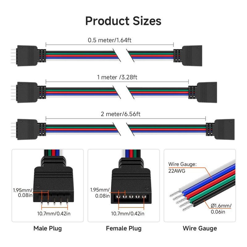 BTF-LIGHTING 5 Pack 22AWG 5 Pin JST Male to Female