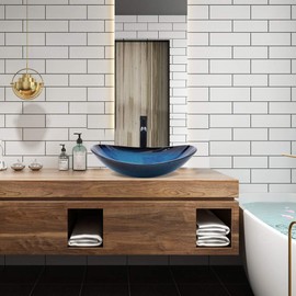 YIMAI Ingenuity Vessel Sink Bathroom Sinks Blue Tempered Glass Art Basin 20.8"x13.7" Oval Bowl Above Counter with Faucet and Pop-Up Drain Combo, Oval Ocean Blue,Countertop Bowl Sink for Lavatory